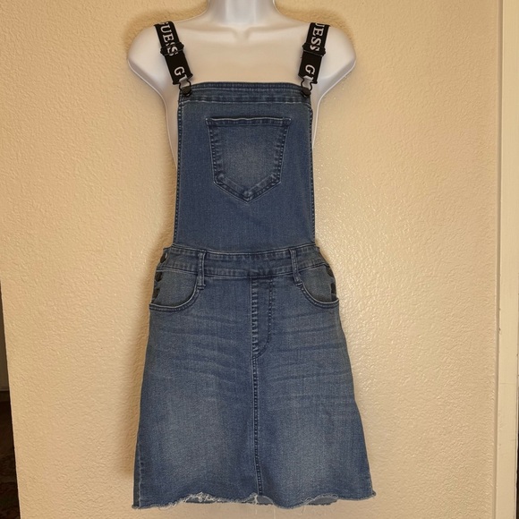 GUESS Women Denim Jean Bib Overalls Mini Dress Logo Straps Distressed Hem Size L - Picture 1 of 10